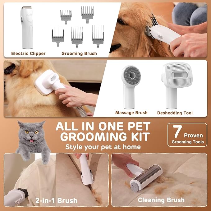 Dog Grooming Vacuum Kit - 3L Vacuum with 7 Tools, Low Noise Electric Clipper and Brush for Pet Shedding at Home, Black