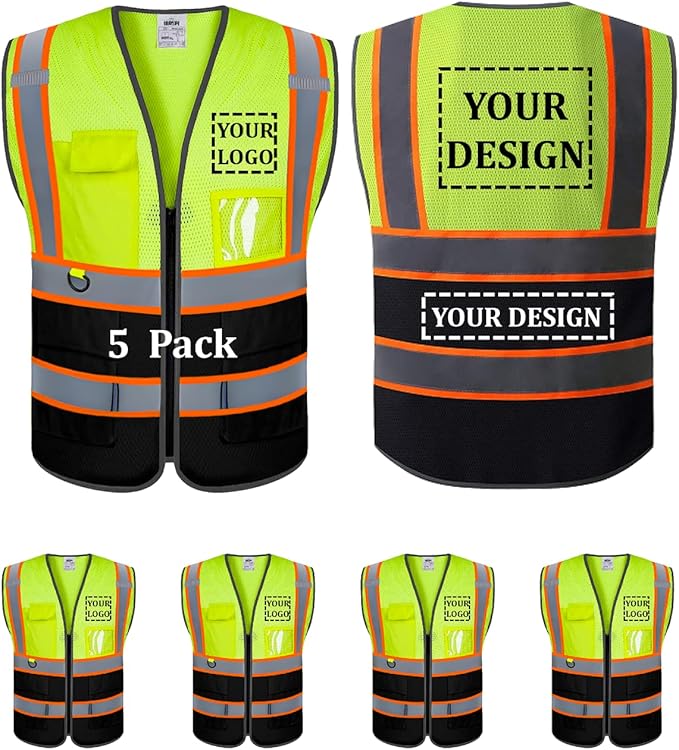 BeautyWill 5 Pack Custom Mesh Safety Vest Customized Logo Class2 High Visibility Reflective Vest with Pockets Construction workwear（Yellow Black，4XL ）