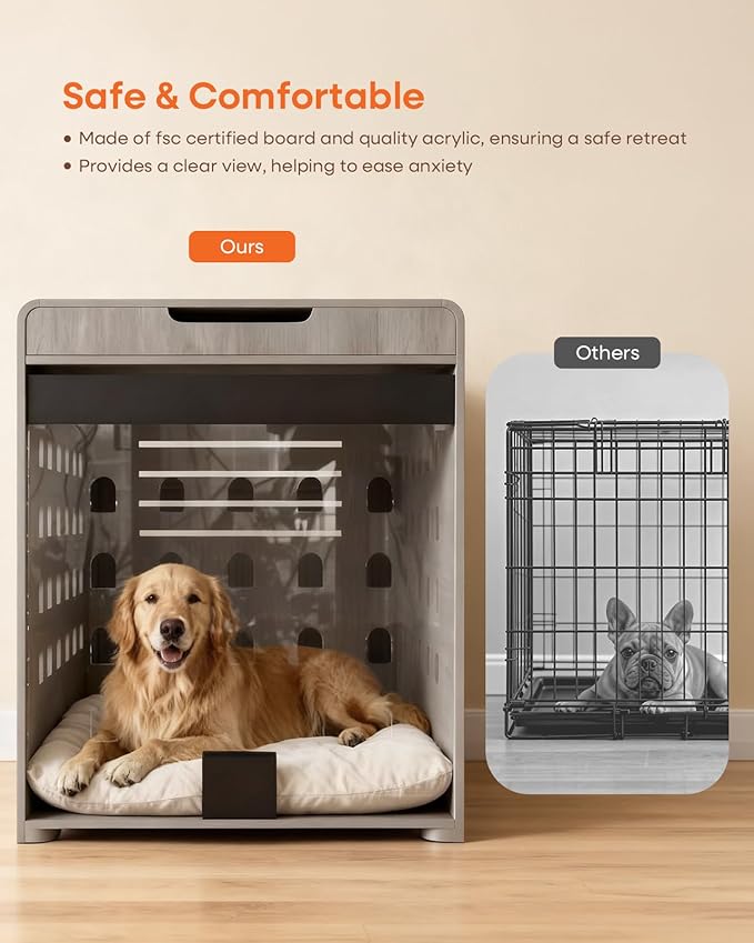 Modern Dog Crate Furniture with Charging Station Large Kennel Indoor with Flip-up Hidden Acrylic Door for Large and Medium Breeds up to 110lb Wood Pet End Side Table Cage, Grey