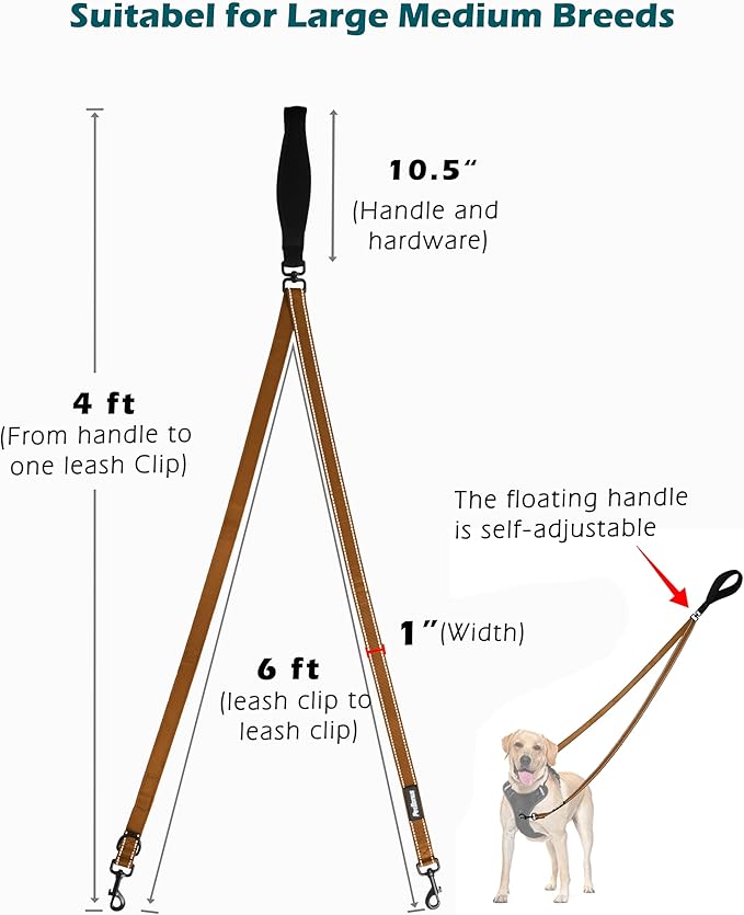 PetBonus Two Point Control Dog Leash, Works with No Pull Harnesses, No Tangle Training Leashes, Soft Padded and Reflective Walking Lead, Converts to Single Lead for Medium Large Dogs (Brown)