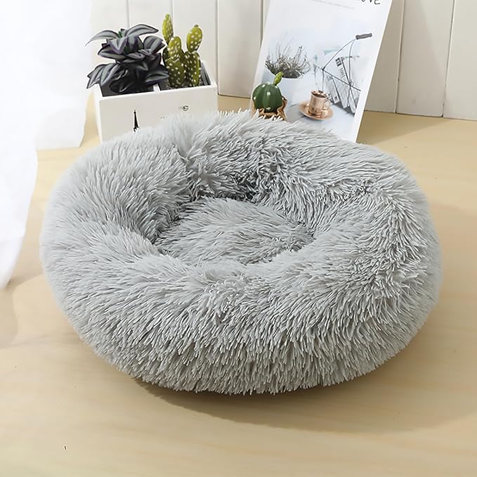 Calming Dog Bed for Small Dogs, Calming Donut Cuddler Pet Bed Anti Anxiety Round Dog Bed Fluffy Plush Faux Fur Cat Bed,Gradient Grey,27.5IN