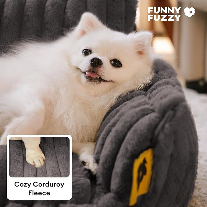 FUNNY FUZZY Dog Bed Orthopedic & Fluffy Dog Couch Bed, Corduroy Fleece Pet Beds Washable, Supportive Foam Pet Sofa Bed with Removable Zipper Cover - Snoozy Dream, Dark Grey, XL