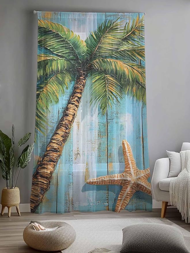 Sheer Curtains 108 Inches Long, Coastal Beach Tree Semi Sheer Curtains Light