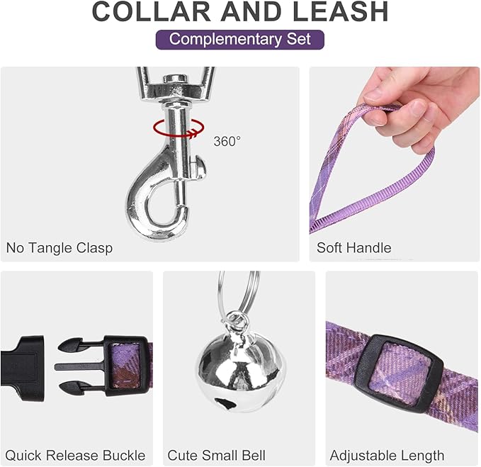 EXPAWLORER Classic Plaid Puppy Harness - Small Dog Harness and Leash Set - Dog Collar and Leash Set with AirTag Holder, Soft Padded Step in Dog Vest Harness No Pull Reflective for Outdoor, Purple S