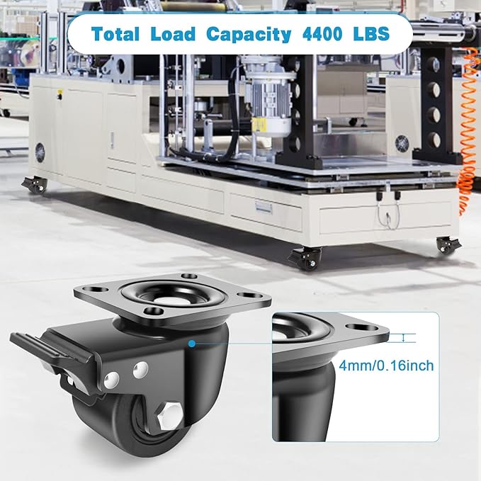 Nefish 3-Inch Heavy Duty Casters Set of 4, Industrial Grade Casters Wheels 4400 LBS, Low Gravity Plate Swivel Caster with Brake, Durable & Corrosion-Resistant Nylon Wheels for Industrial, Machine