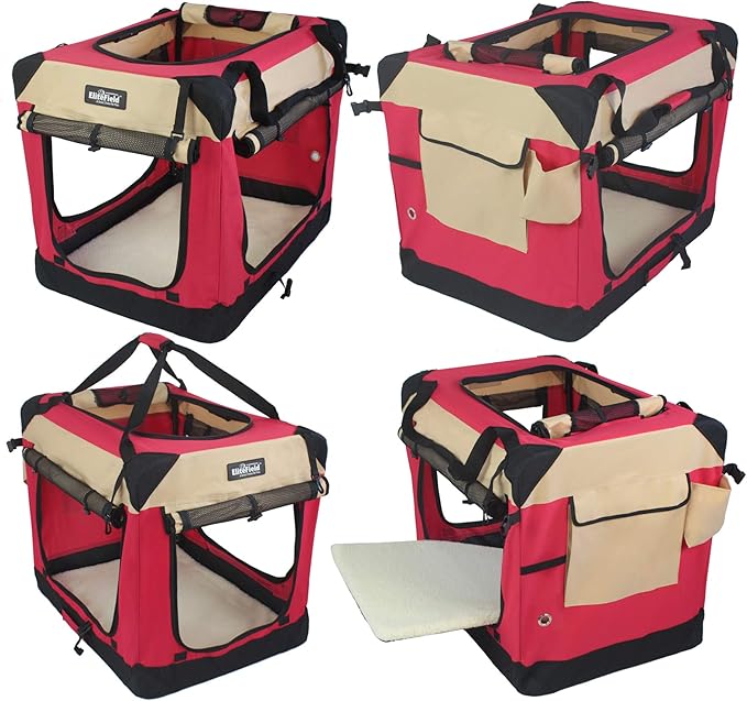 EliteField 4-Door Folding Soft Dog Crate with Curtains, Carrying Bag and Fleece Bed (2 Year Warranty), Indoor & Outdoor Pet Home (30" L x 21" W x 24" H, Red+Beige)