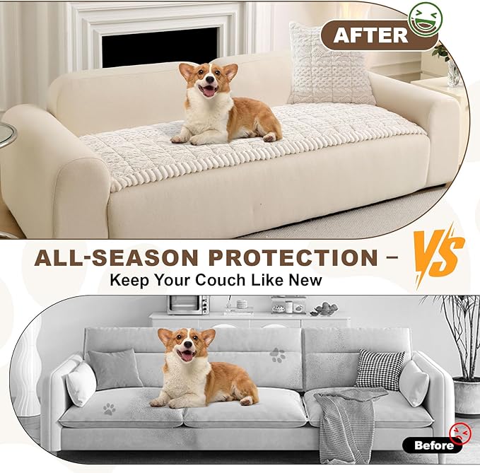 OTOB Couch Covers for 3 Cushion Sofa Pet Friendly Washable, All Seasons Non Slip Plush Fuzzy Sofa Covers, Geometric Jacquard Soft Cozy Dog Bed Mat Sofa Slipcovers Protector (White, 27.6" x 82.7")