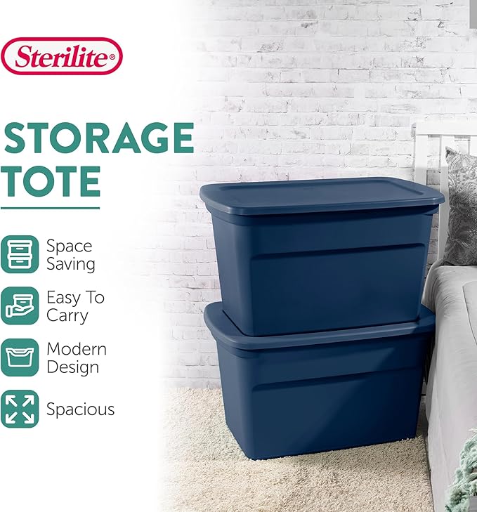 Sterilite 6-Pack Tote, Plastic Storage Bins with Snap Lids, 30 Gallon, Marine Blue - Stackable Home Organizers with In-Molded Handles for Bedroom, Garage, Basement and Attic