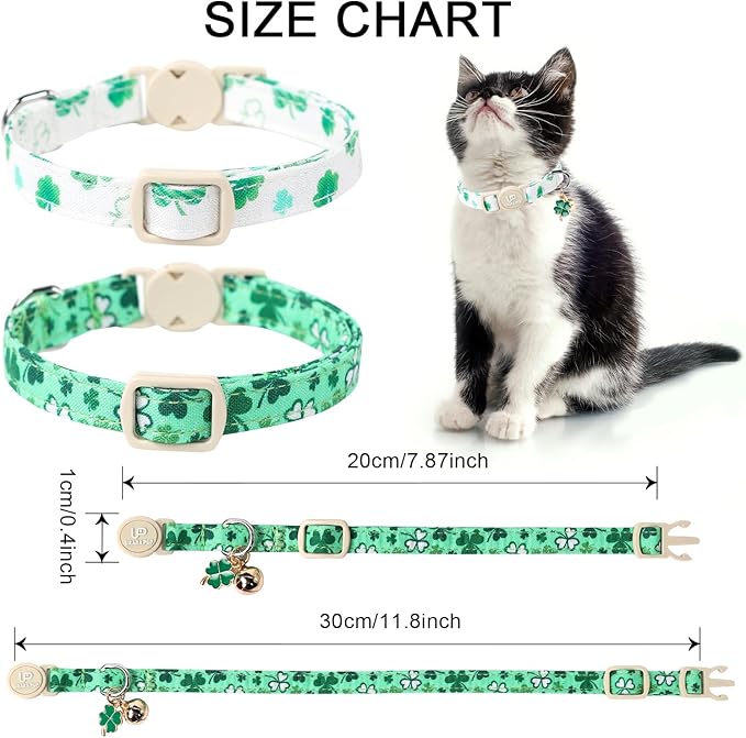 2Pack St. Patrick's Day Cat Collars, Spring Green Shamrock Cat Collars with Safety Buckle for Cats