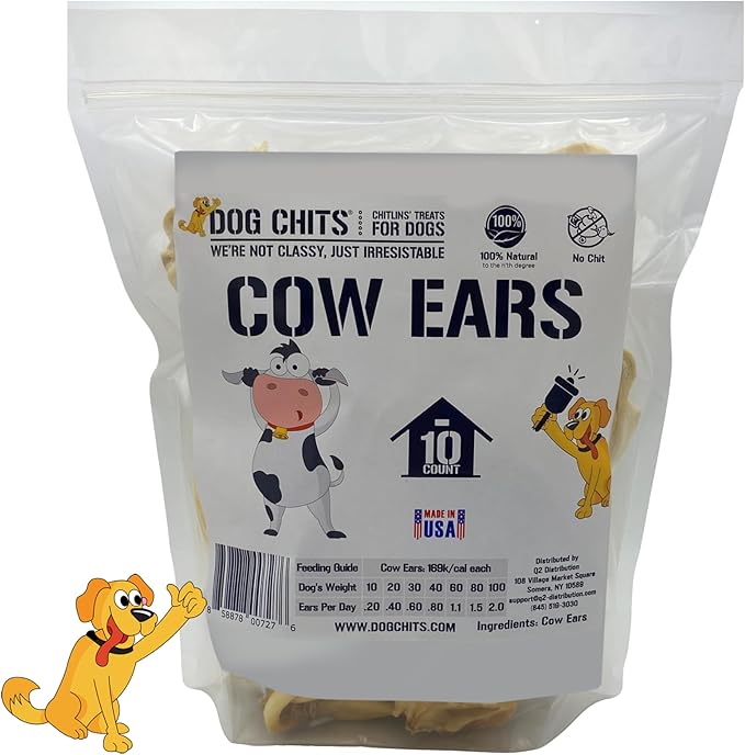Dog Chits Cow Ears for Dogs – All Natural Cow Ear Dog Treats & Training Chews – High Protein, Low Fat – Thick Cut, Full-Sized – Dental Clean Crunch – Ideal for Medium & Large Dogs – Large, 10 Pk