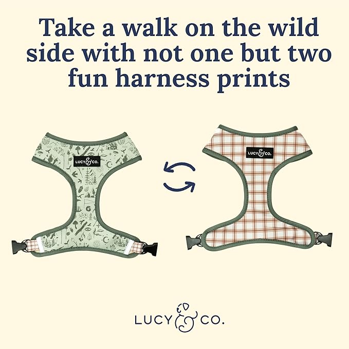 Lucy & Co. Cute Reversible Dog Harness Walking Halter - Best Designer Pet Harnesses for XS - XL Dogs - Padded Adjustable Vest for Easy Walking-Medium-Green Outdoor Plaid