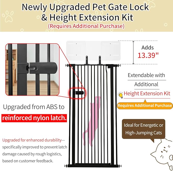 Lumizone Extra Tall Cat Gate 55.12" High Pressure Mounted Extra Wide 2025 New (17 Sizes) 1.37" Gap No Drilling Auto-Close One-Handed Operation Tall Pet Gate for Dogs(Black, 55.12" H x 26.18"-29.91" W)