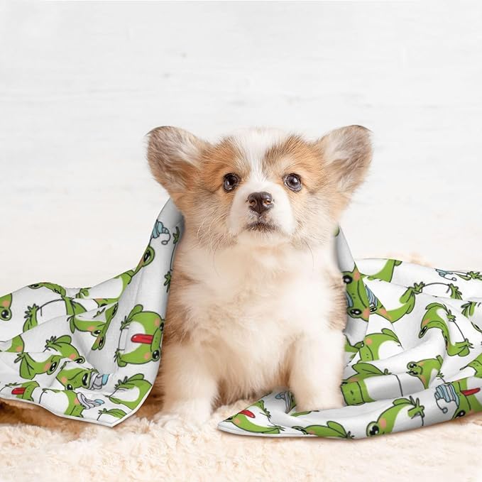 Two Sided Plush Pet Blanket for Crates Carriers Home Use, Cute Frog, Reversible Throw with Cozy Dot Fabric and Silky Reverse for Small Large Pets