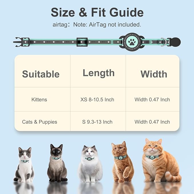 Airtag Cat Collar Breakaway, Reflective Cat Collar with AirTag Holder and Bell, Compatible with Apple Air Tag, Comfortable Padding, Adjustable, Durable (Turquoise, S)