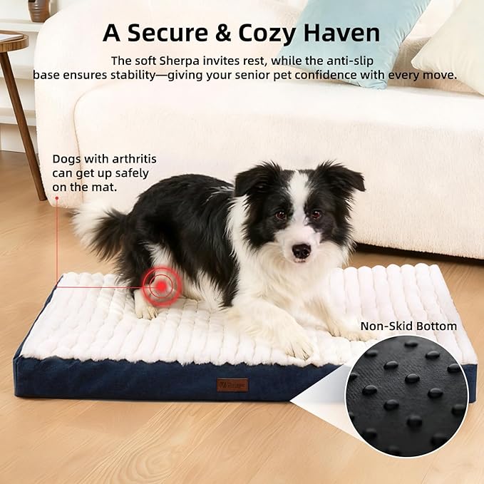 Orthopedic Dog Bed with Firm High-Density Egg Crate Foam,Soft Short Plush Surface Pet Beds,Machine Washable with Removable Cover & Non-Slip Bottom for Medium/Large Breeds (Blue, 35" L x 22" W x 3" H)