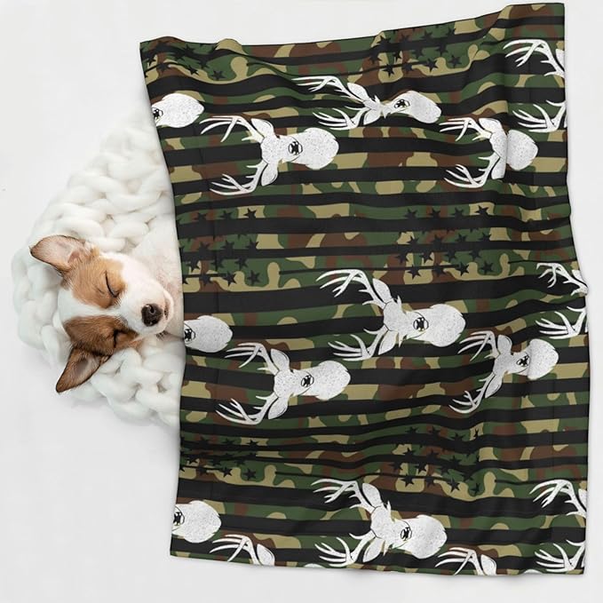 Pet Blanket for Indoor Outdoor Use, Cool Deer Camo Camouflage American Flag Hunting Black, Two Sided Reversible Plush Mat with Bumpy Dot Texture for Patios Crates Portable Bed Companion