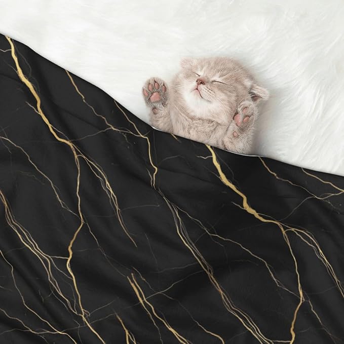 Dog and Cat Blanket in One, Chic Black and Gold Marble Texture, Double Sided Plush Throw with Raised Dot Pattern on One Side and Flat Velvet on Other for Variety