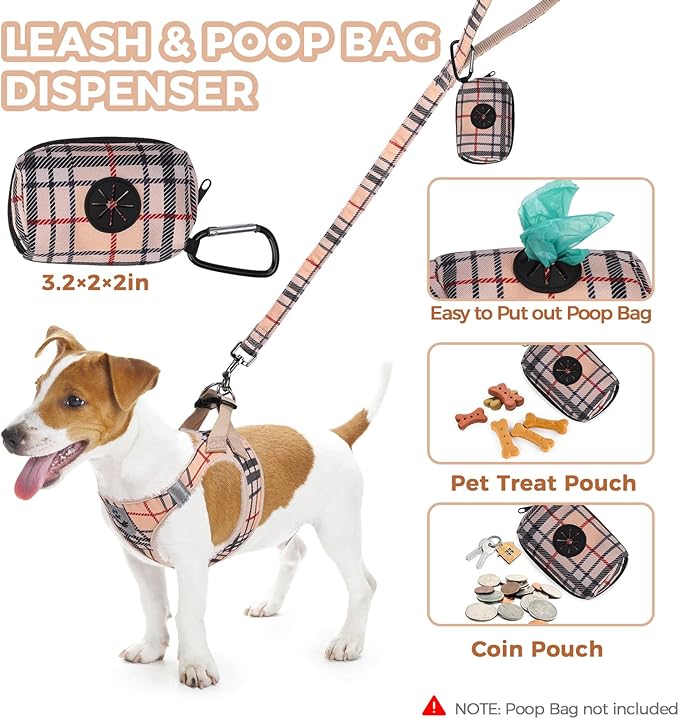 PAWCHIE Dog Harness and Leash Set, Step in No Pull Soft Pet Harness, Reflective Adjustable Puppy Vest for Small Medium Dogs Cats, No Choke Harness Vest with Poop Bag Holder for Walking,Running,Beige S
