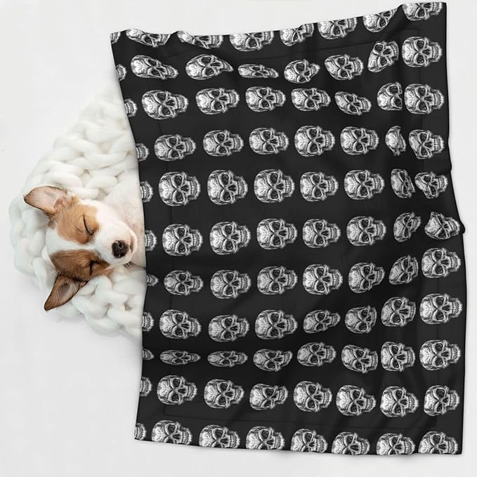 Reversible Pet Blanket for Easy Cleaning Maintenance, Black Skull Head, Double Sided Plush Dot Design Means Double Use Between Washes for Convenience