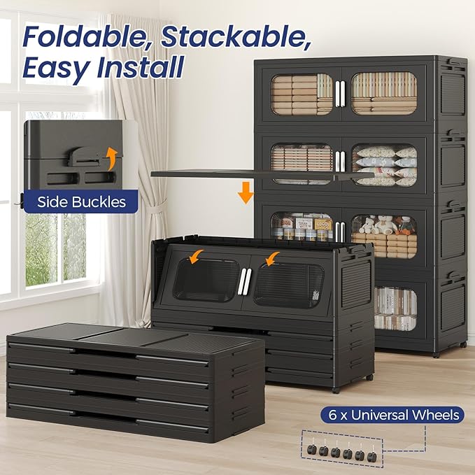 1000QT Large Stackable Storage Bins with Lid, 250Gal Plastic Collapsible Closet Organizers Drawers Box with Wheels, Folding Cabinet Containers with Doors for Home Kitchen Office, 5Pack Black