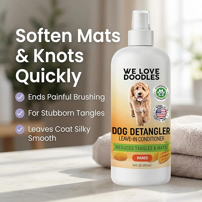 We Love Doodles Dog Detangler Spray - Leave-in Conditioner for Dogs - Dog Detangling Spray - Dematting Spray for Dogs - Tangle Remover - Made in The USA - Large 16 fl oz (Mango)