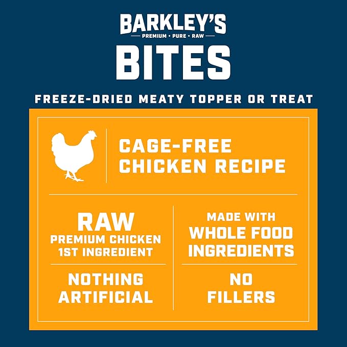 Barkley’s Bag Chicken Bites, Freeze Dried Dog Treats & Food Topper, Made with Chicken and Brown Rice, Small Bite-Sized Pieces for Training Rewards, for All Dog Breeds, Ages & Sizes, 4 Oz Bag (6 Pack)