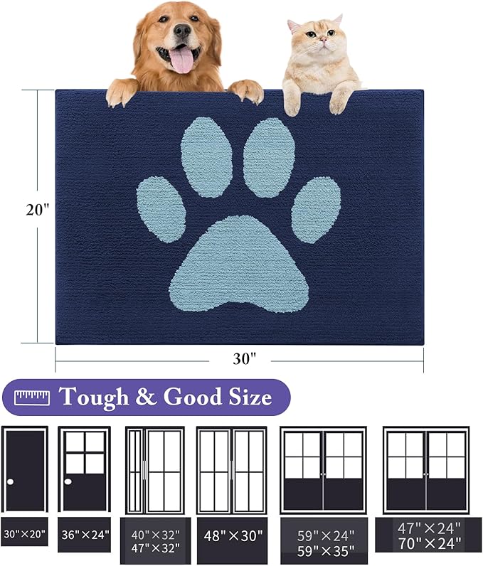 Buganda Dog Door Mat for Muddy Paws, Absorbent Dirt Trapper Non Slip Indoor Doormats, Washable Low-Profile Mat for Mud Dogs, Entryway Carpet for Inside Floor (36x24 Inches, Dark Blue)