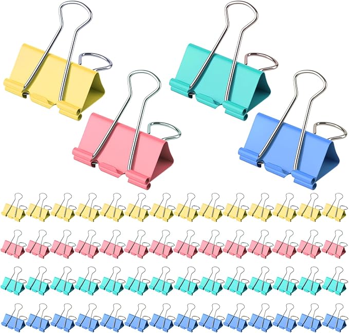 Large Binder Clips 1.6 Inch (60 Pack) Assorted Colors, Colored Binder Clips Paper Clips, Big Paper Clamps, Binder Clips Large Size for Home, School and Office Supplies