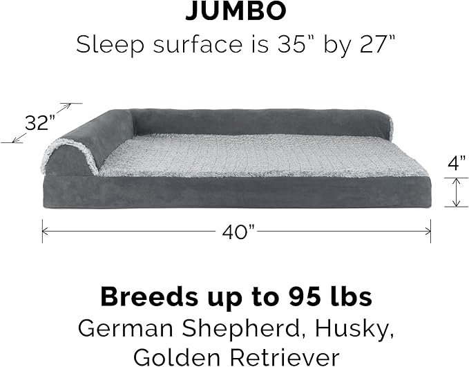 FurHaven Orthopedic Dog Bed & goDog Toy - Squeaky Plush Monkey with Moving Arms and Chew Guard Technology for Large Dogs - Two-Tone Plush Faux Fur & Suede L Shaped Chaise - Stone Gray, Jumbo/XL