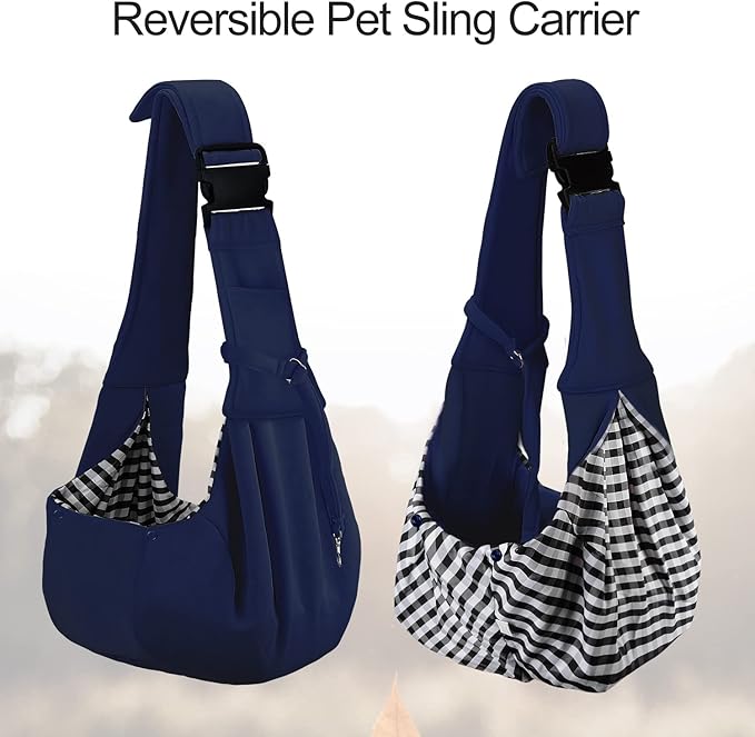 PETLOFT Reversible Dog Cat Sling Carrier, Small Dog Carrier, Adjustable Dog Sling, Hands Free Cross Body Carrier with Collar Hook for Dog/Cat/Bunny up to 11lb (Blue)