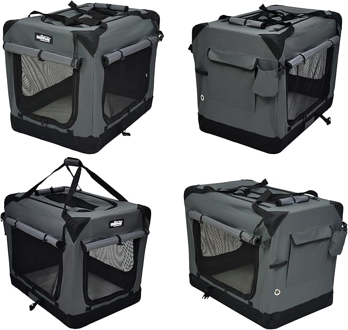 EliteField 4-Door Folding Soft Dog Crate with Curtains, Carrying Bag and Fleece Bed (2 Year Warranty), Indoor & Outdoor Pet Home (24" L x 18" W x 21" H, Gray+4 Door Curtains)