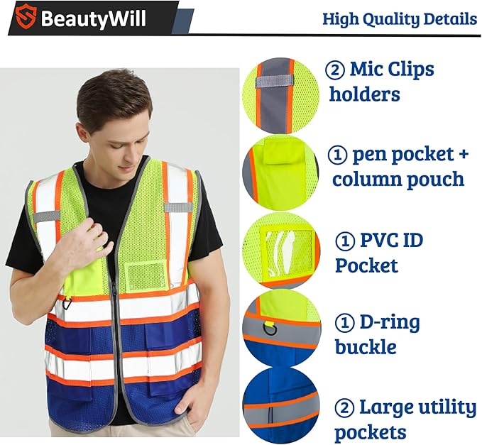 Custom Safety Vest Customized Logo Mesh Vest Class 2 High Visibility Reflective Vest with Pockets Blue workwear（Yellow Blue，M ）