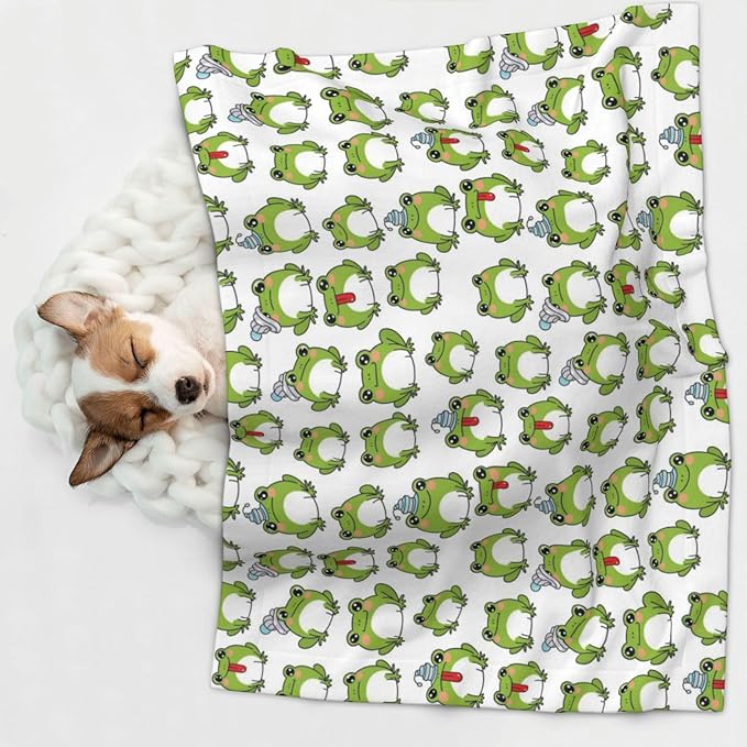 Two Sided Plush Pet Blanket for Crates Carriers Home Use, Cute Frog, Reversible Throw with Cozy Dot Fabric and Silky Reverse for Small Large Pets