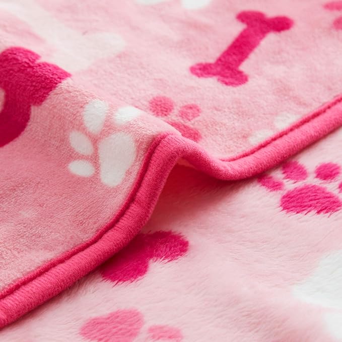 Allisandro Luxurious Dog Blanket, 350 GSM Super Fuzzy Microplush Fleece Pet Blankets for Small Medium Large Dogs and Cats, Pink Paw and Bone, 32" x 24"