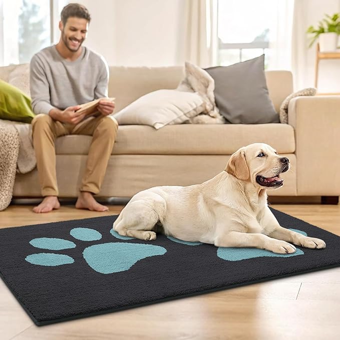 Buganda Dog Door Mat for Muddy Paws, Absorbent Dirt Trapper Washable Indoor Doormats, Non Slip Low-Profile Mud Mat for Dogs, Front Entrance Doormat for Inside Floor (36x24 Inches, Dark Grey and Blue)