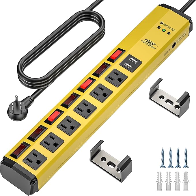 CRST 6-Outlet Heavy Duty Power Strip with USB and Individual Switches, 1200 Joules Metal Mountable Surge Protector Power Strip 15A Circuit Breaker, 6FT Extension Cord for Garage, Workshop, School