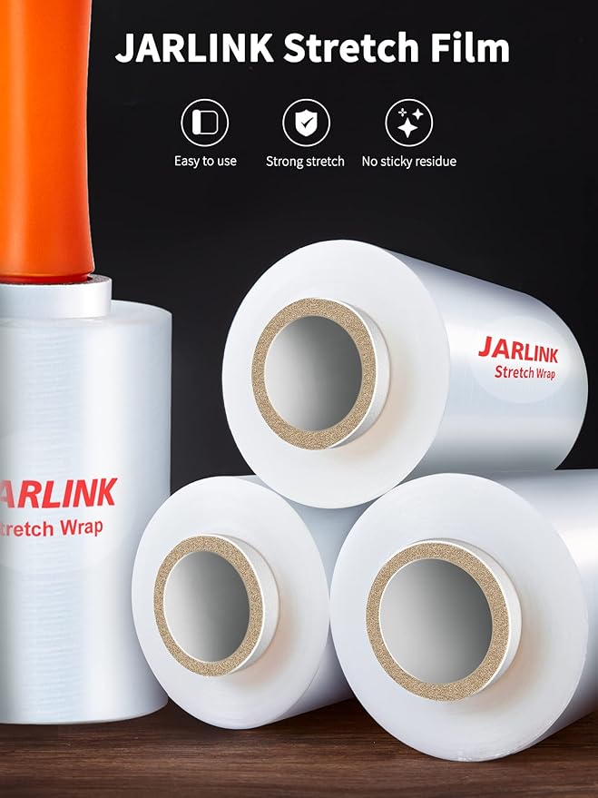 JARLINK 4 Pack Plastic Film Roll with Plastic Handles, 60 Gauge Thick, 5" x 1000ft Plastic Pallet Film, Industrial Strength Stretch up to 500% Stretch for Moving, Packing, Wrapping, and Shipping