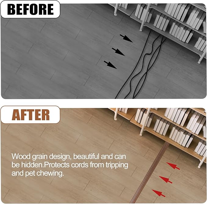 MYFAMIREA 10FT Floor Cord Cover for Wire Self Adhesive Cable Cavity Management PVC Extension Cord Hider Power Floor Wire Protector Prevent Cable Trips for Office Home Outdoor (Dark Brown Wood, 1.18'')