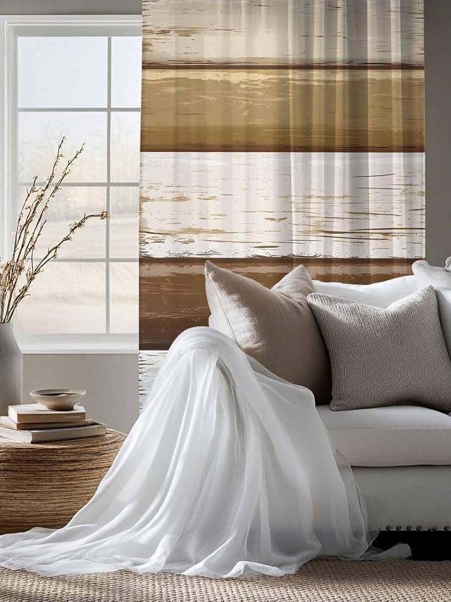Sheer Curtains 63 Inch Length, Wood Grain Brown Semi Sheer Curtains Light