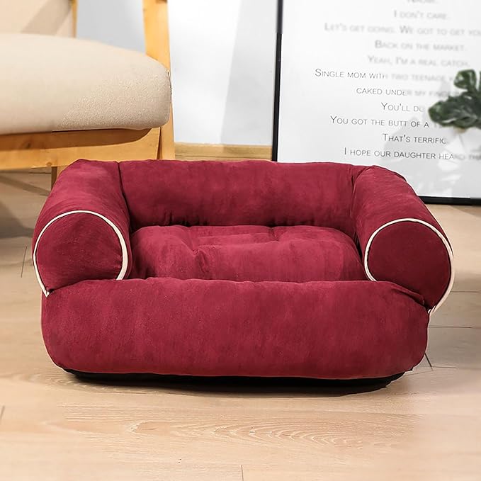 Suede Sofa Dog Bed, Multiple Sizes Orthopedic Memory Foam Mattress, Durable and Calming, Washable Dog Bed with Anti-Slip Bottom M Claret