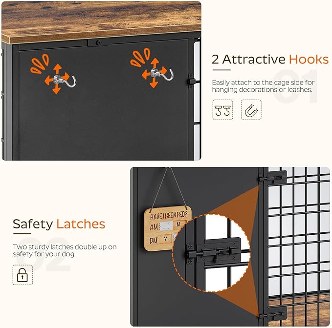Foldable Dog Crate Furniture, 47.2" Dog Crate with DIY Frame, Heavy Duty Dog Kennel Indoor with Hooks, Wooden Dog Cage End Table, for Small/Medium/Large Dogs, Rustic Brown DC120BR