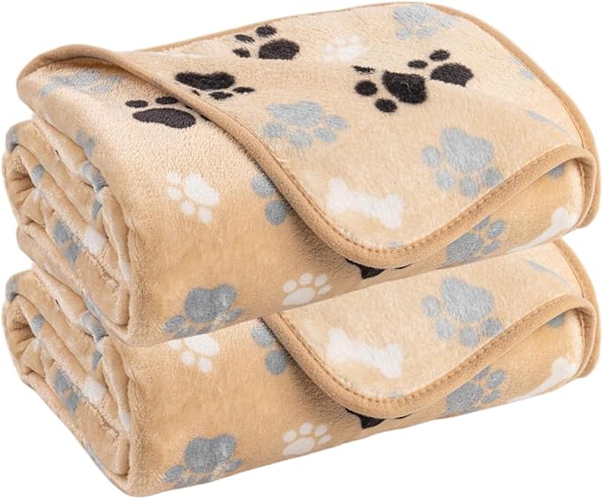 Dog Blanket Paw Bone Pattern 1 Pack 1 Super Soft Warm Flannel Sofa Cover Car Bed Protector, Urine Proof Washable Outdoor Pet Blanket for Puppy Large Dogs & Cats,80"*60" Beige