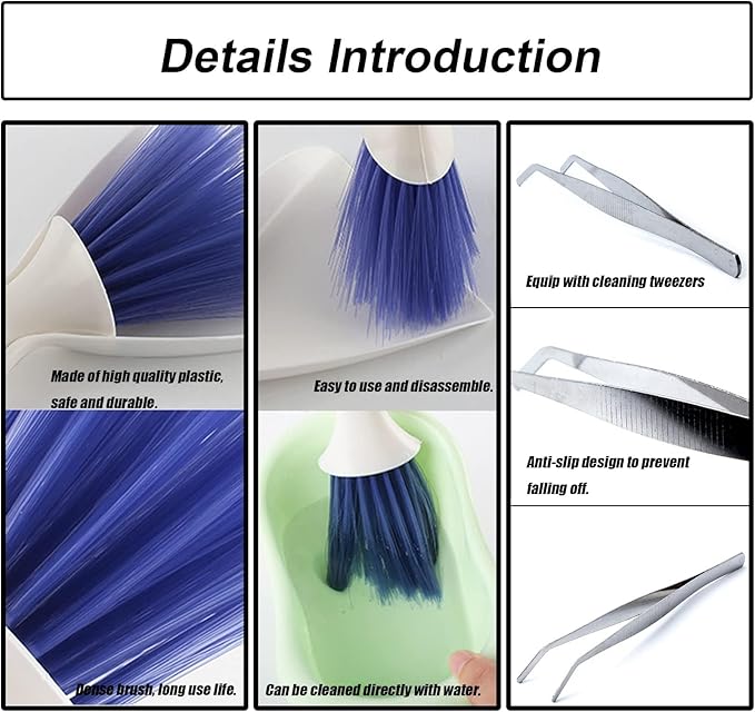 Tiny Cleanning Broom, Scooper Feeding Tool,Mini Dustpan and Brush, Stainless Steel Tweezer Reptile Tank Cleaner for Reptile and Other Small Animals Supplies 3Pcs