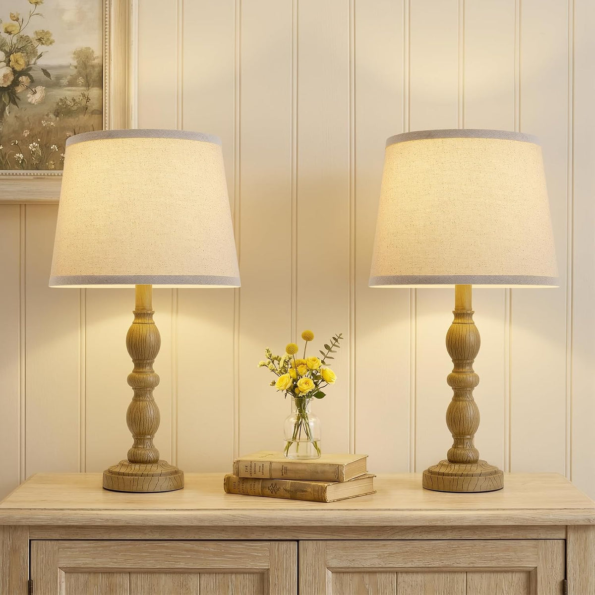 Table Lamps Set of 2, 20.5" Rustic Farmhouse Bedside Lamps with Linen Shade