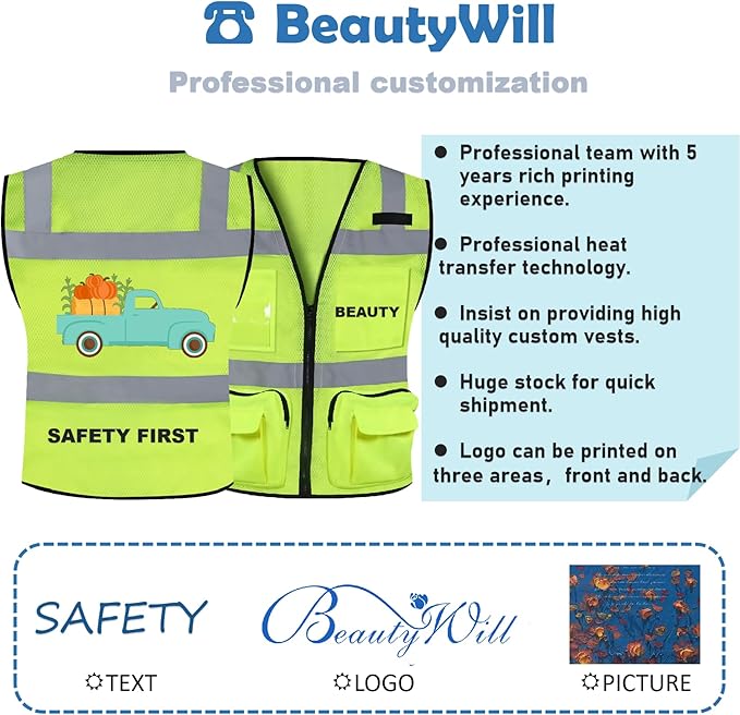 BeautyWill Custom Logo 10 Pack Safety Vest Mesh High Visibility Reflective Vest Customized Logo Utility Zipped Pockets Construction Workwear （Yellow,L）