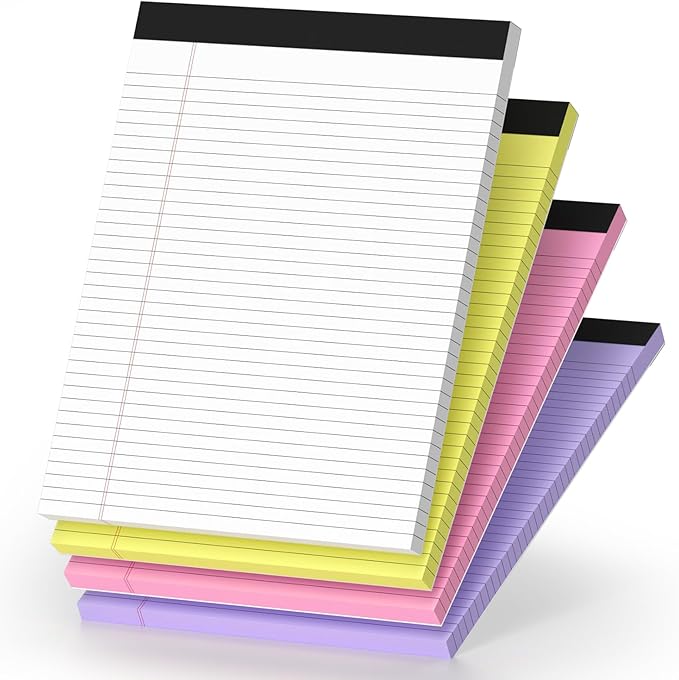 4 Pack Legal Pads 8.5 x 11 College Ruled Colored Note Pads 8.5" x 11" Lined Paper Chipboard-Backed Notepad with Micro-Perforated Notebook Paper for Office & School Supplies 50 Sheets/Pad