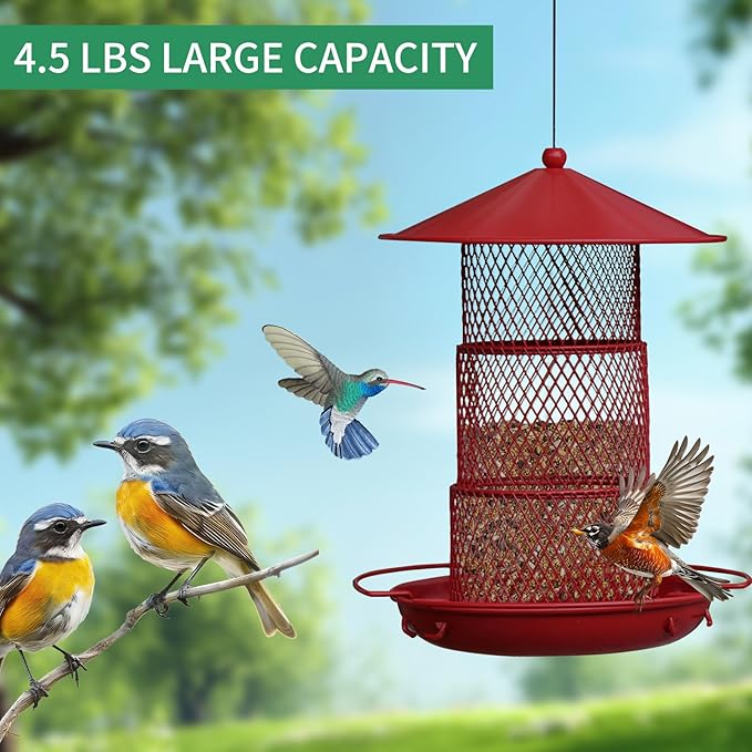 Bird Feeders for Outdoors, Hanging Metal Bird Feeder with 4.5LB Large Capacity, Red Wrought Iron Feeder,Sturdy & Weatherproof, Easy to Clean & Refill, Great for Attracting Wild Birds