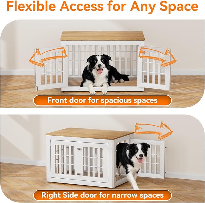38" Heavy Duty Dog Crate Furniture for Small,Medium and Large Dogs,Rustic Wooden Dog Cage Kennel Indoor Furniture with Waterproof Top,Decorative Pet House Side End Table (White & Wood)