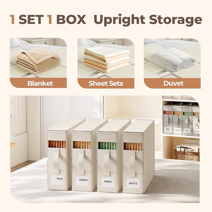 8Pack Linen Sheet Organizers for Linen Closet - King/Queen Size Bedding Storage Boxes with Clear Window | Foldable, Dustproof Sheet Storage Organizer for Blankets & Sheet Sets,Off-white