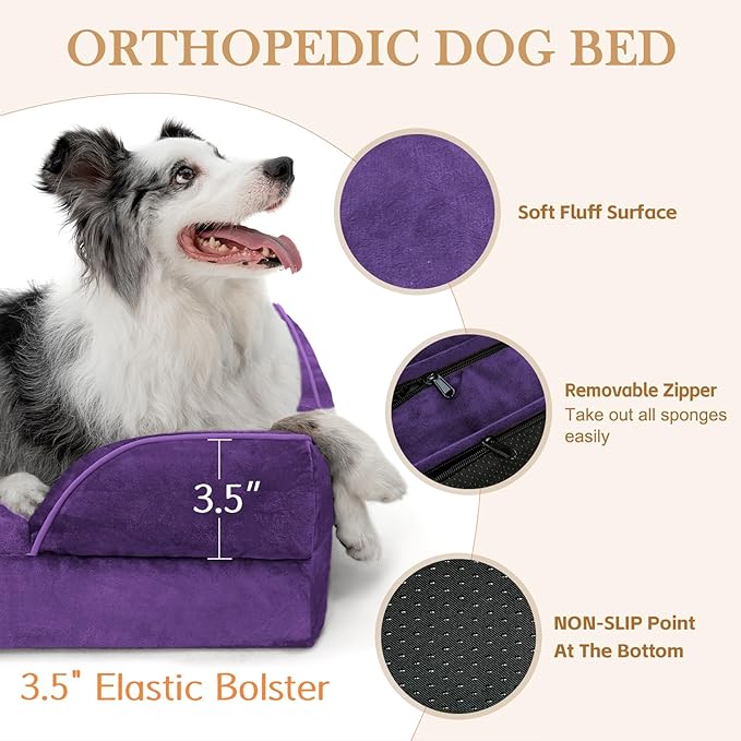 Comfort Expression Orthopedic Dog Bed for Medium Dogs 30x20 Inch, Waterproof Egg Crate Foam Medium Pet Bed with Removable Bolsters, Dog Couch with Washable Cover & Non-Slip Bottom, Deep Purple